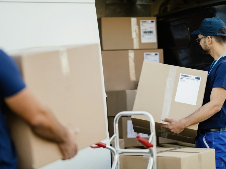 Two workers unloading large cardboard boxes from a van.